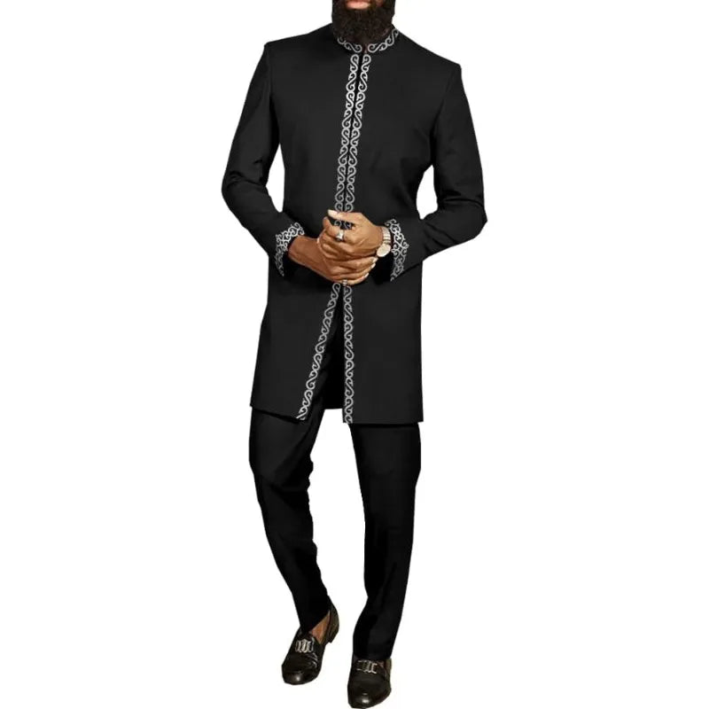 Costume de mariage traditionnel africain musulman pour homme, ensemble 2 pièces, haut à col rond à manches longues et pantalon, tenue formelle pour le marié118