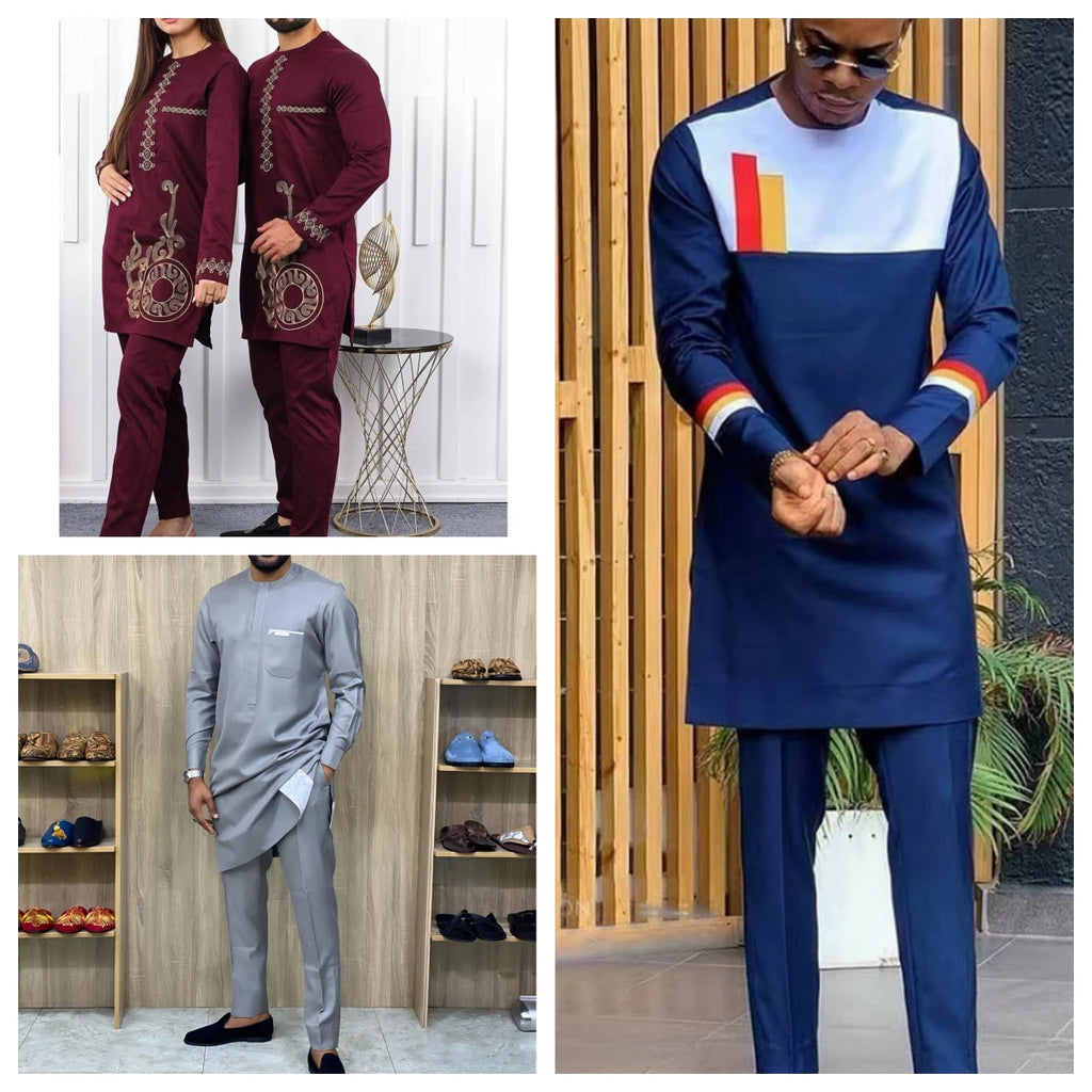 Vêtements pour hommes africains costume deux pièces pantalon ensemble col rond couture couleur unie manches longues Festival Style ethnique social