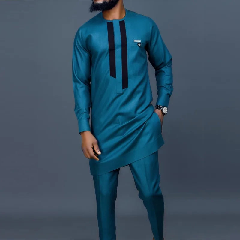 Costume de mariage traditionnel africain musulman pour homme, ensemble 2 pièces, haut à col rond à manches longues et pantalon, tenue formelle pour le marié118