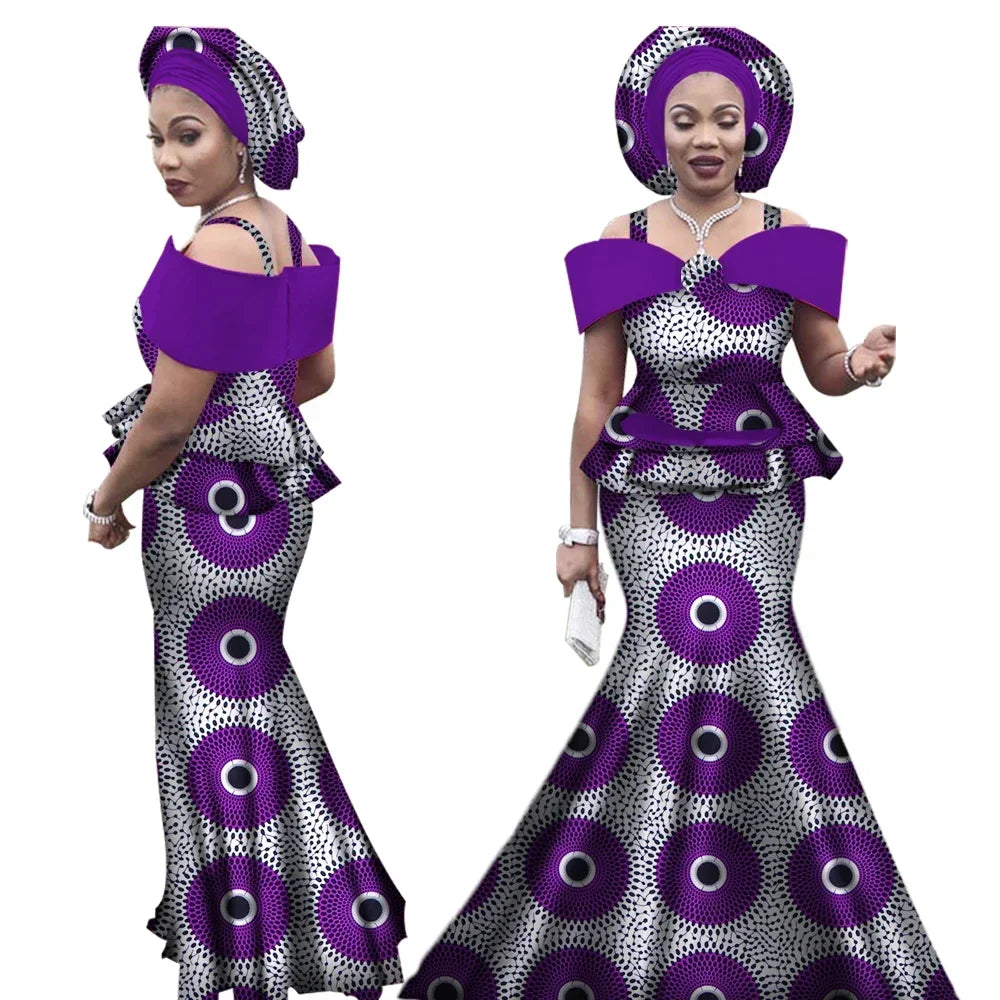 African Outfits with Headtie for Women Dashiki Bazin Print Strap Tops and Long Skirts Women Set African Clothing WY3113