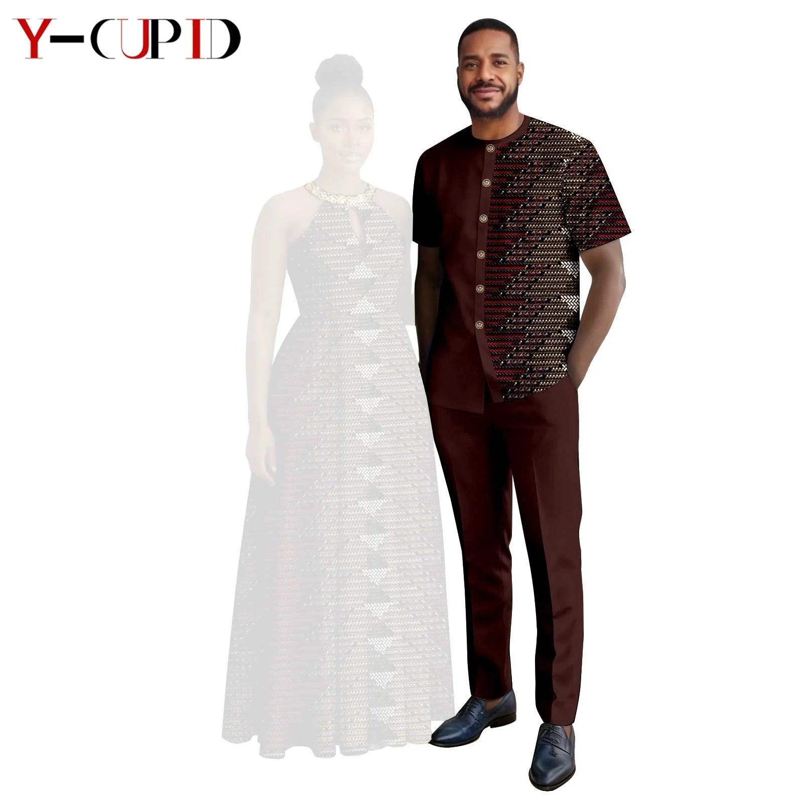 Robes africaines à imprimé Halter pour femmes, tenues assorties pour hommes, ensembles chemise et pantalon, vêtements de couple africains pour fête 26C005
