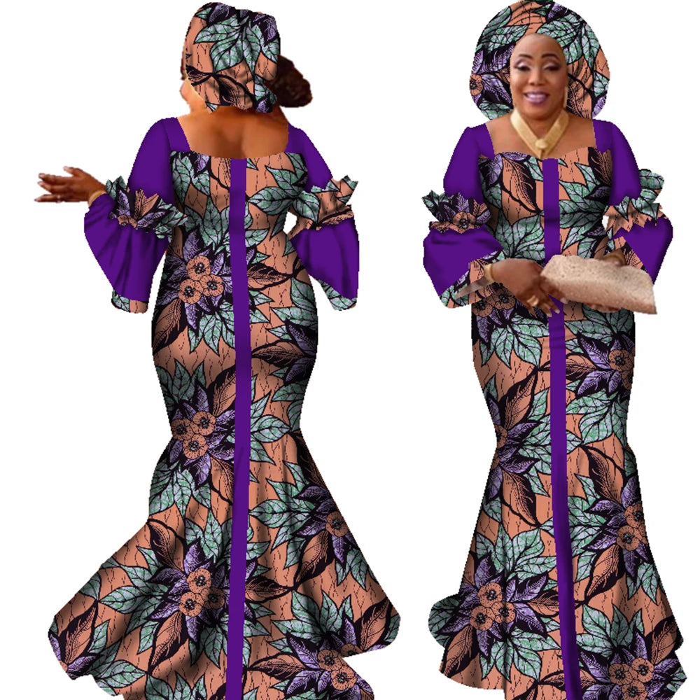 African Dresses for Women Fashion Design New African Bazin Fashion Design Dress Long Dress with Scarf African Clothes WY2347