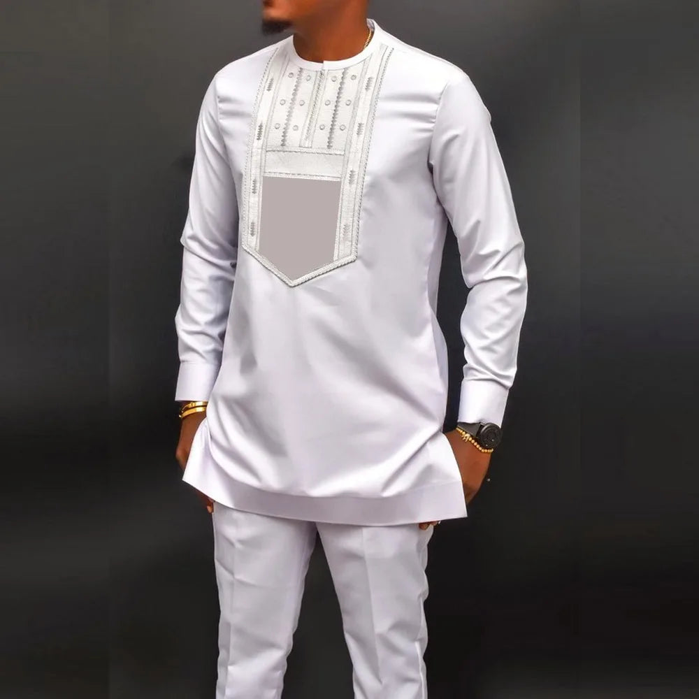 Costume traditionnel africain pour homme, chemise à manches longues de style ethnique imprimée et patchwork, pantalon décontracté, ensemble 2 pièces pour les vacances