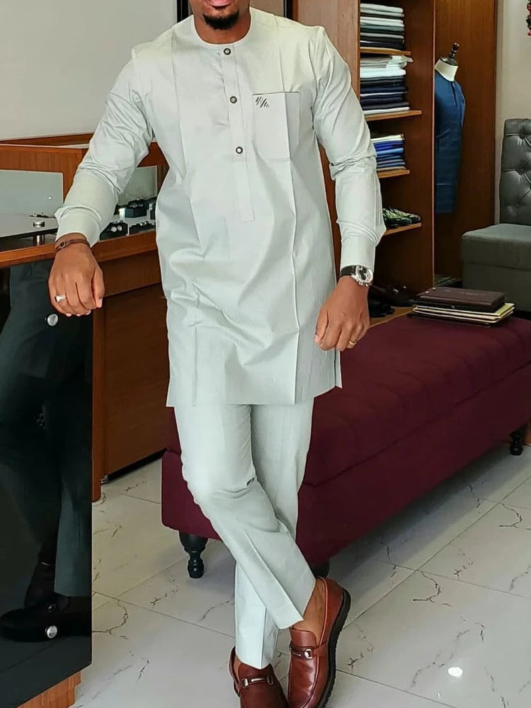 Chemise africaine pour hommes, tenues de fête, poches ethniques, épissage, Simple, manches longues, col rond, chemisier, pantalon, costume deux pièces
