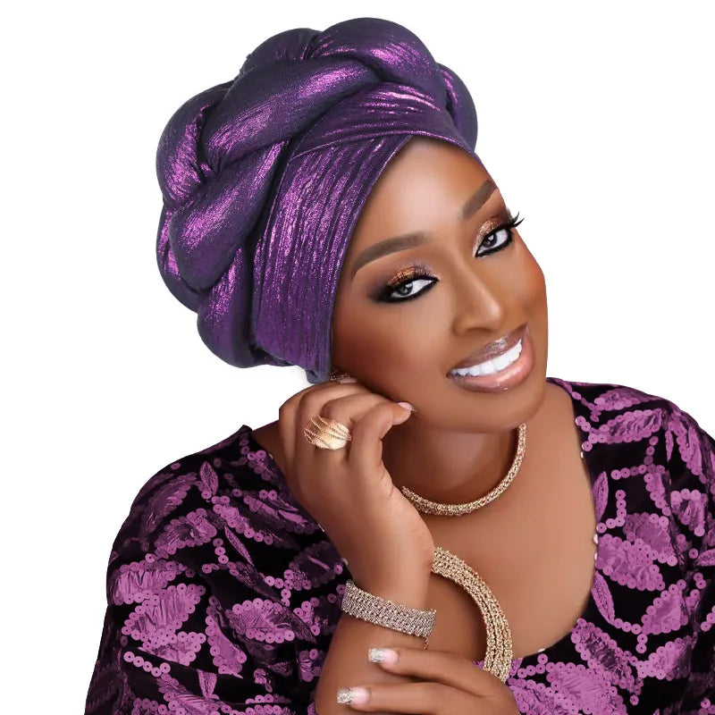 Auto Gele-Turban Africain pour Femme Musulmane, Cravate de Sauna, Chapeau Rond Plissé, Hijab Aso Oke NigWin, Foulard de Tête