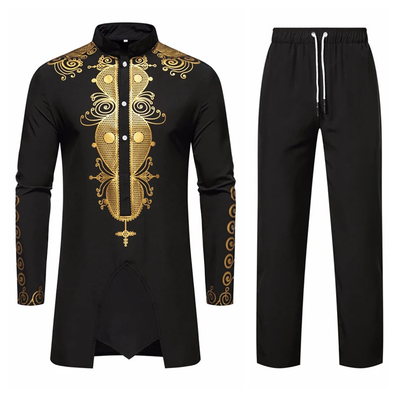 Ensemble de Robe imprimé africain à col montant pour hommes, noir/blanc, tenue de chef Tribal du moyen-orient de saphir, haut + pantalon, 2 pièces, 2026