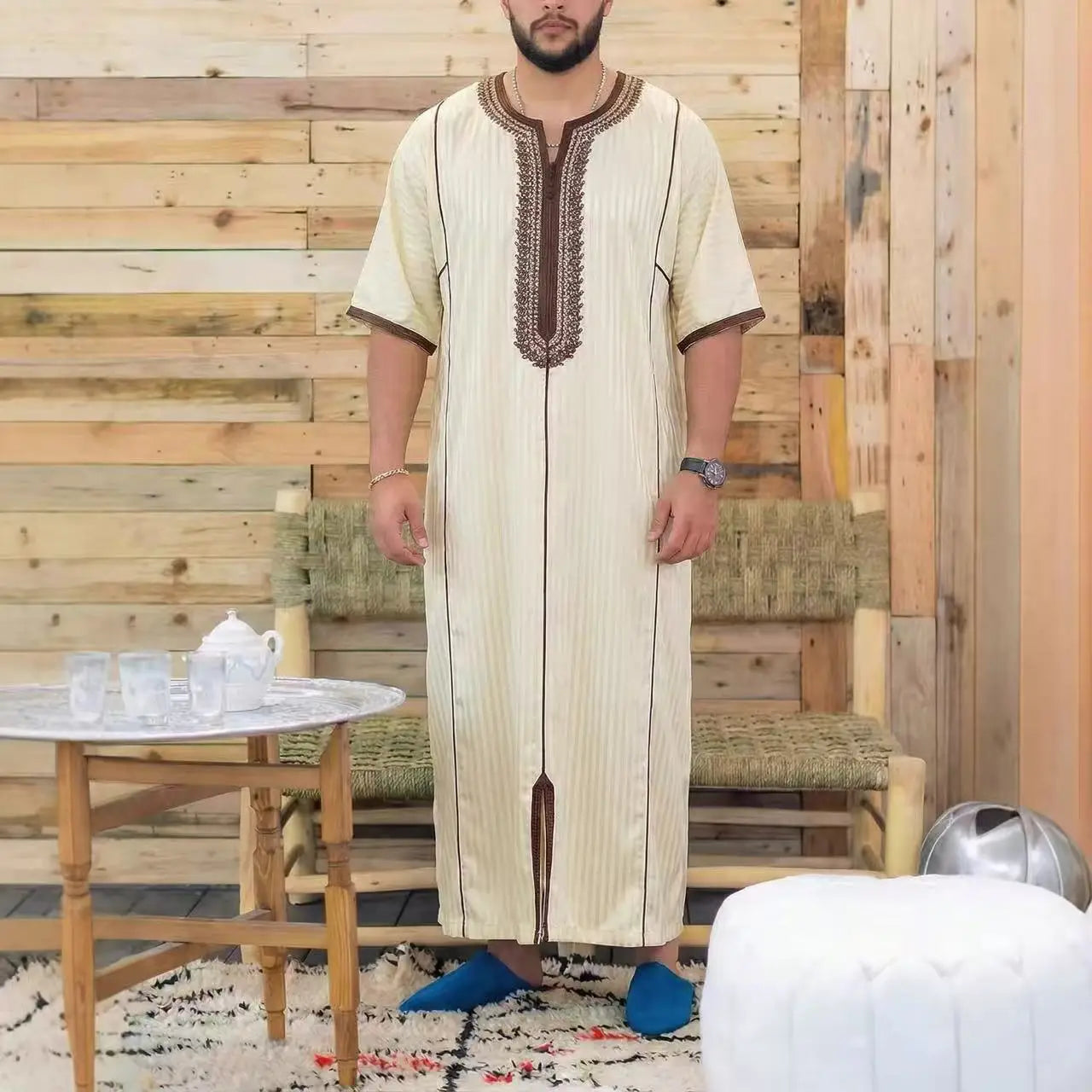Gandoura marocaine pour hommes musulmans, thobe ample à manches courtes, broderie magnifique, vêtements traditionnels islamiques confortables pour hommes, pour les fêtes