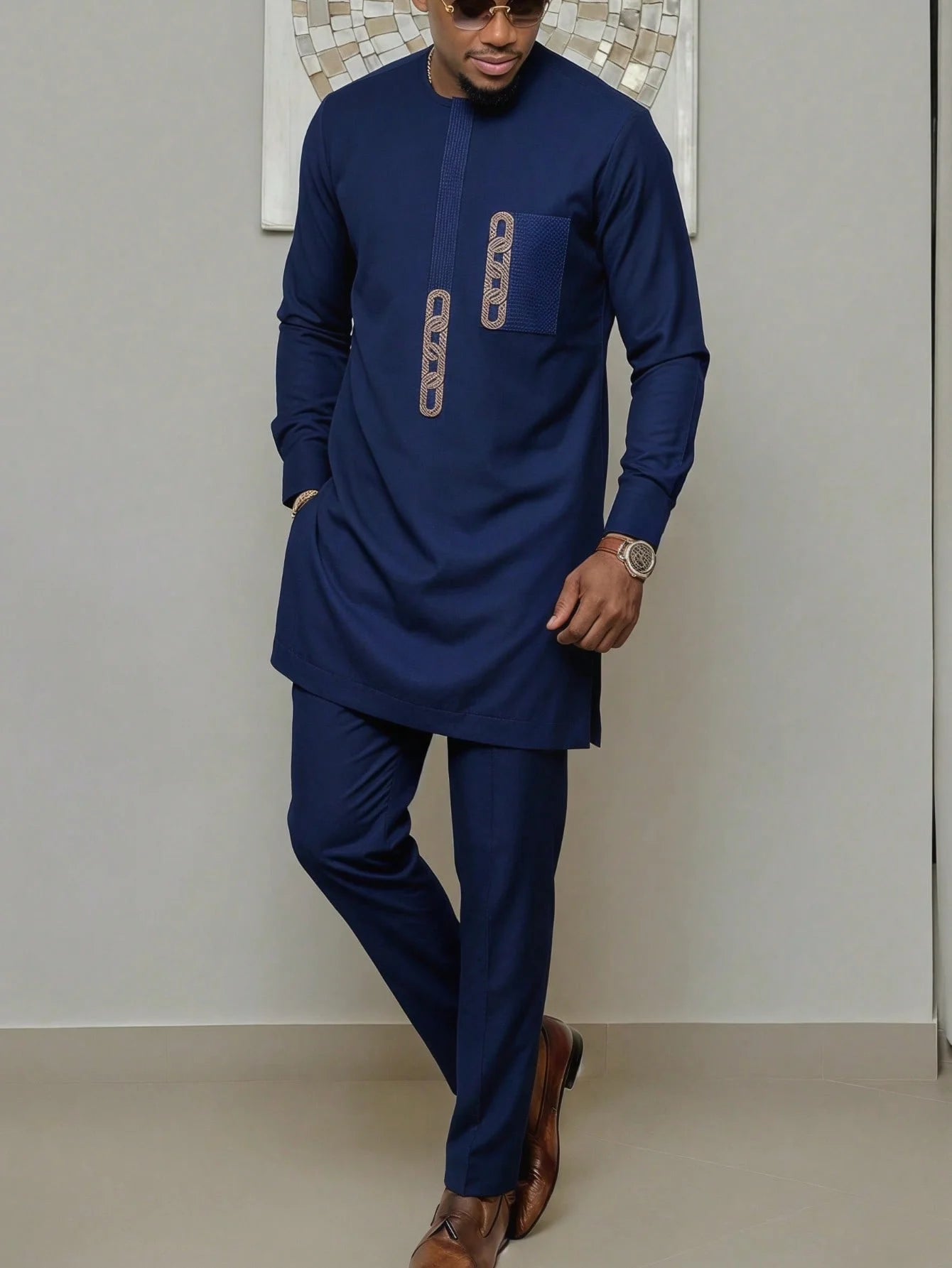 Ensemble Kaftan pour homme, costume Kaunda, haut à col rond à manches longues, pantalon, tenue traditionnelle africaine pour homme, ensemble de vêtements 2 pièces, ensembles de mariage, décontracté