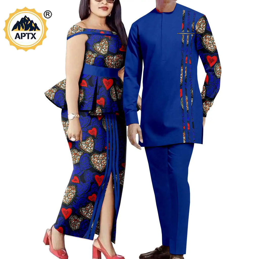 Tenues de couple assorties pour hommes, ensembles chemises et pantalons, robes africaines Dashiki pour femmes, haut et jupes fendues pour mariage, Y23C006