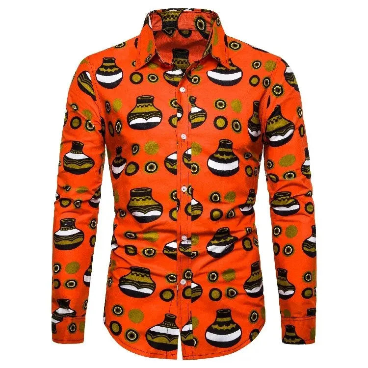 Chemises pour hommes imprimées traditionnelles africaines chemisiers décontractés à simple boutonnage chemise à manches longues Streetwear tendance hauts à revers vêtements pour hommes