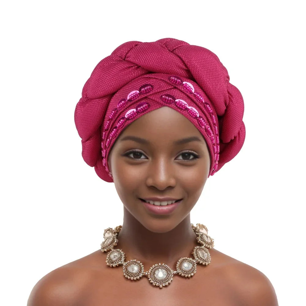 Auto Gele-Turban Africain pour Femme Musulmane, Cravate de Sauna, Chapeau Rond Plissé, Hijab Aso Oke NigWin, Foulard de Tête