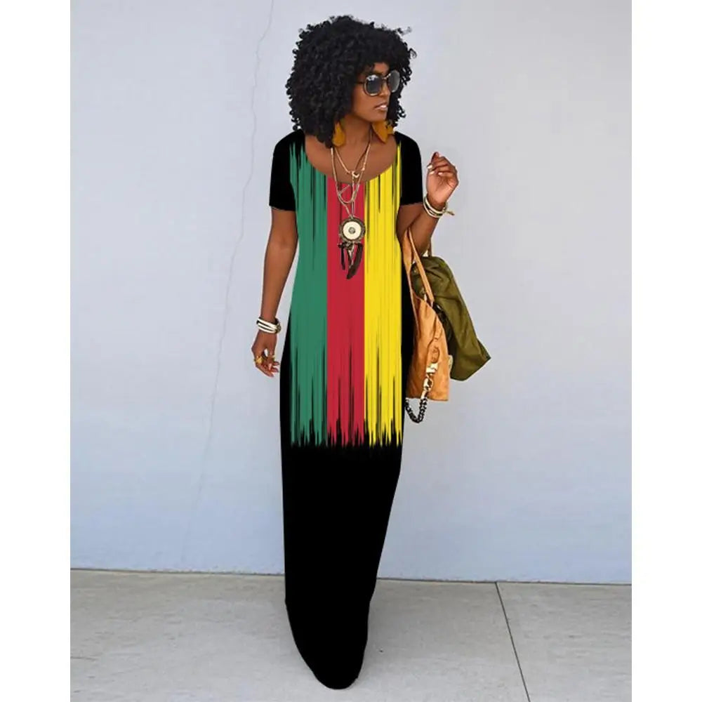 African Ethnic Print Dress For Women Summer Retro Literary Slim Dress Fashionable Daily Travel Loose Short-sleeved Long Dress