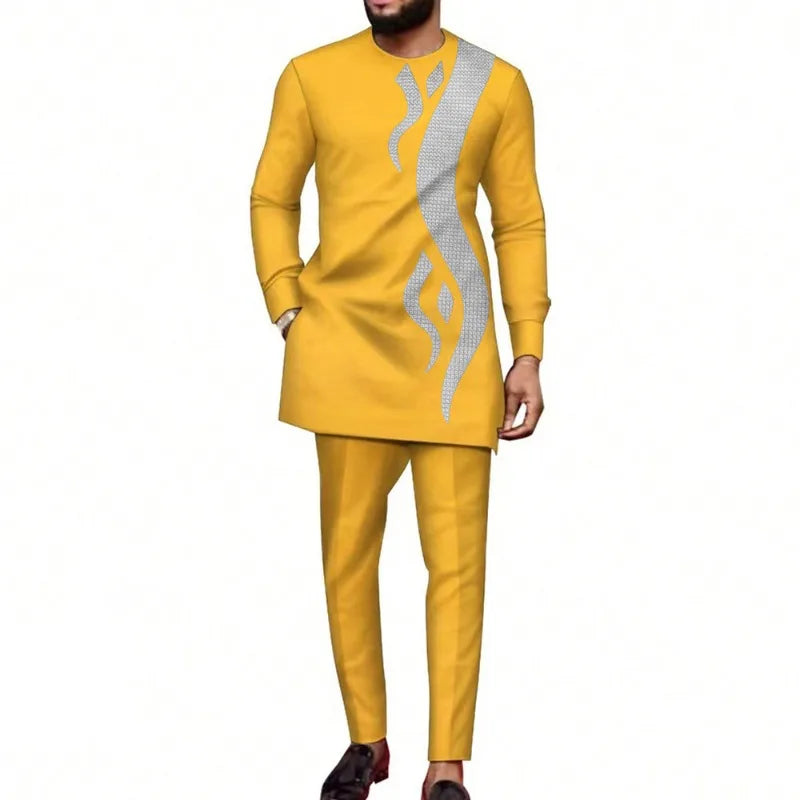Costume de mariage traditionnel africain musulman pour homme, ensemble 2 pièces, haut à col rond à manches longues et pantalon, tenue formelle pour le marié118