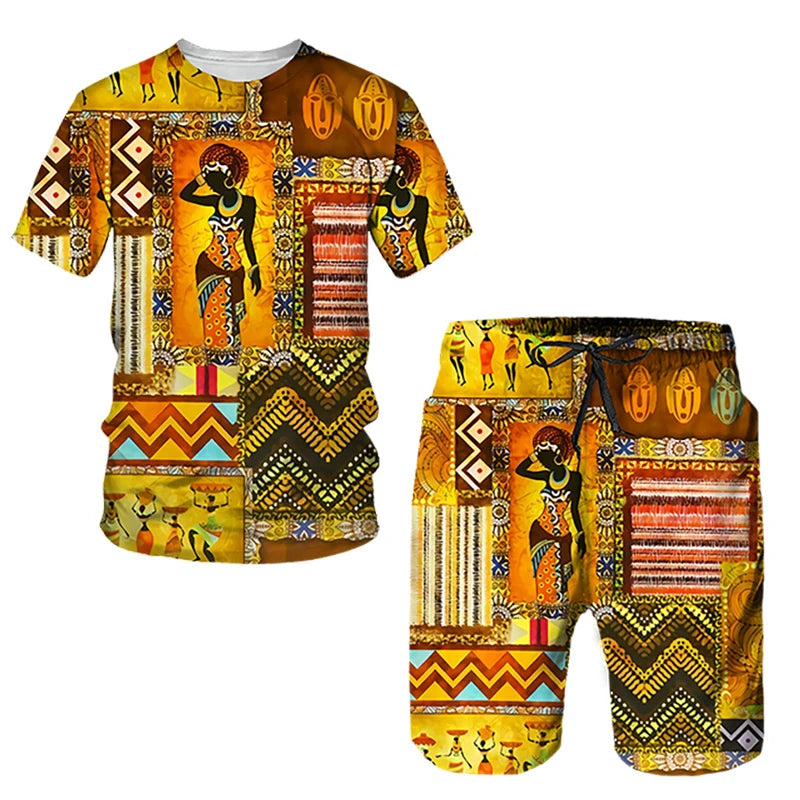 Ensembles de t-shirts et shorts College en 3D de style ethnique africain pour hommes, mode décontractée, t-shirt à manches courtes, olympiques pantalons, vêtements respirants
