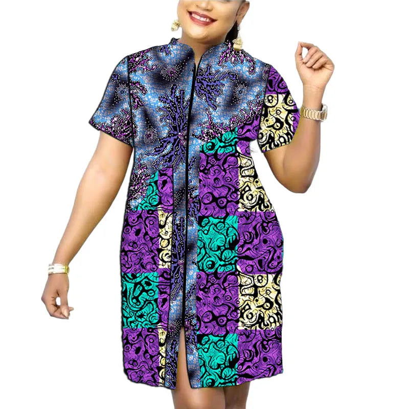 Original Design African Print Women’s Dress Stand Collar Frock Tailored Traditional Party Wear Retro Patchwork Designs