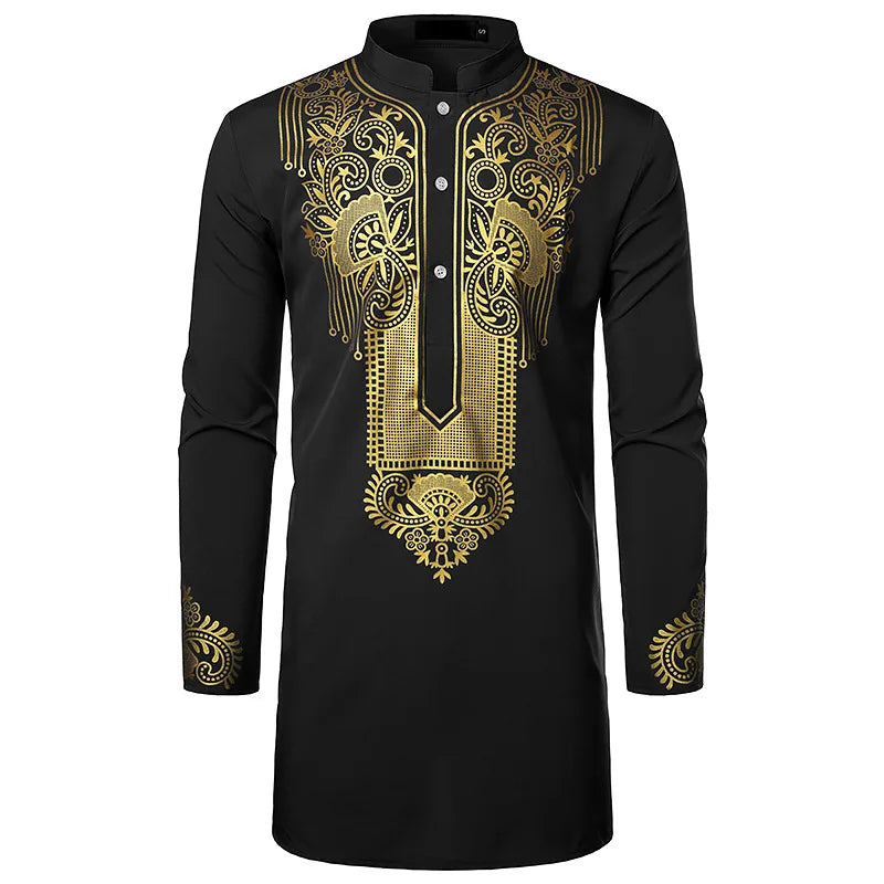 Abaya islamique arabe pour hommes Robe imprimé ethnique col montant chemise mi-longue pour jeunes manteau de luxe vêtements décontractés pour hommes musulmans à la mode