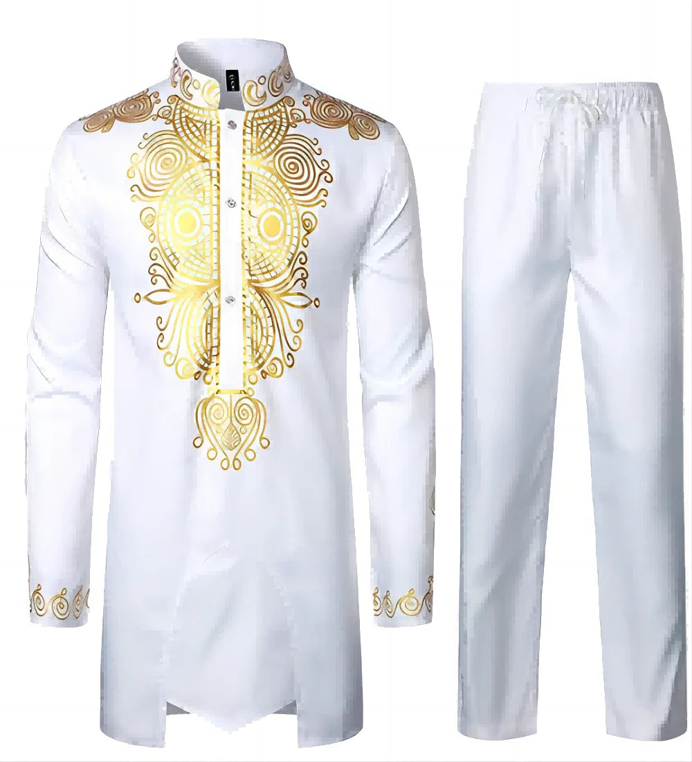 Chemise africaine à manches longues pour hommes, chemise à col chinois imprimé en métal doré, ensemble deux pièces pour Festival National traditionnel de mariage