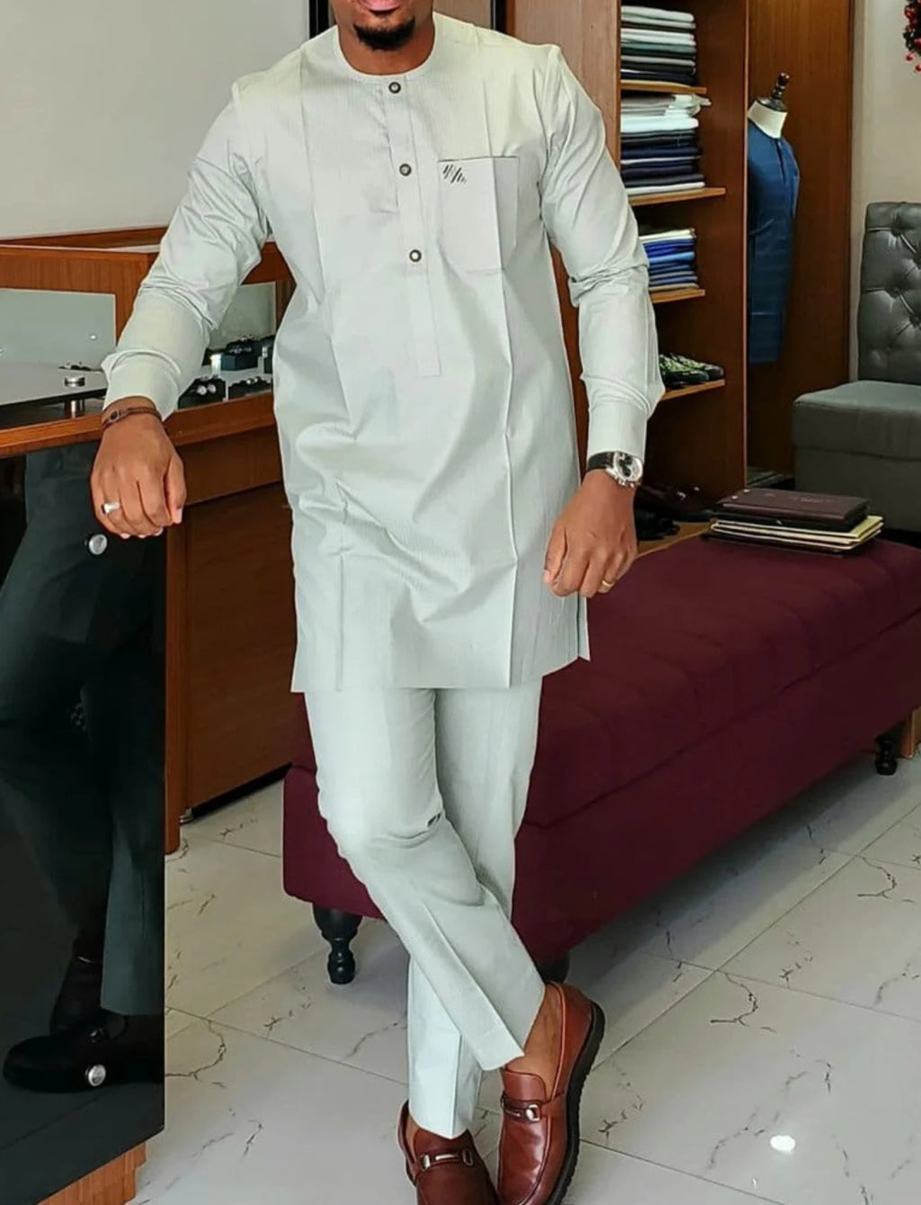 Chemise africaine pour hommes, tenues de fête, poches ethniques, épissage, Simple, manches longues, col rond, chemisier, pantalon, costume deux pièces