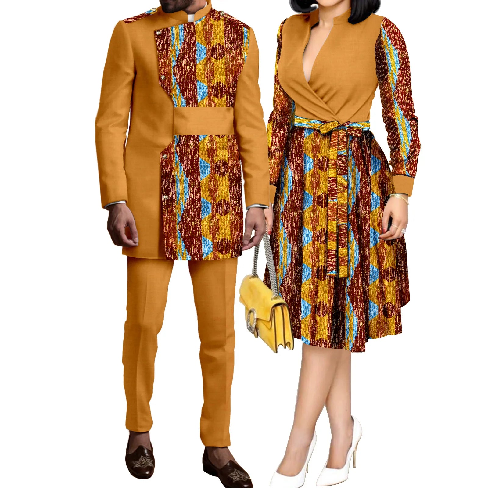 SEA&ALP Tenues de couple africaines imprimées Kente pour mariage, ensemble Dashiki africain pour homme à manches longues et pantalon, robes assorties pour femme