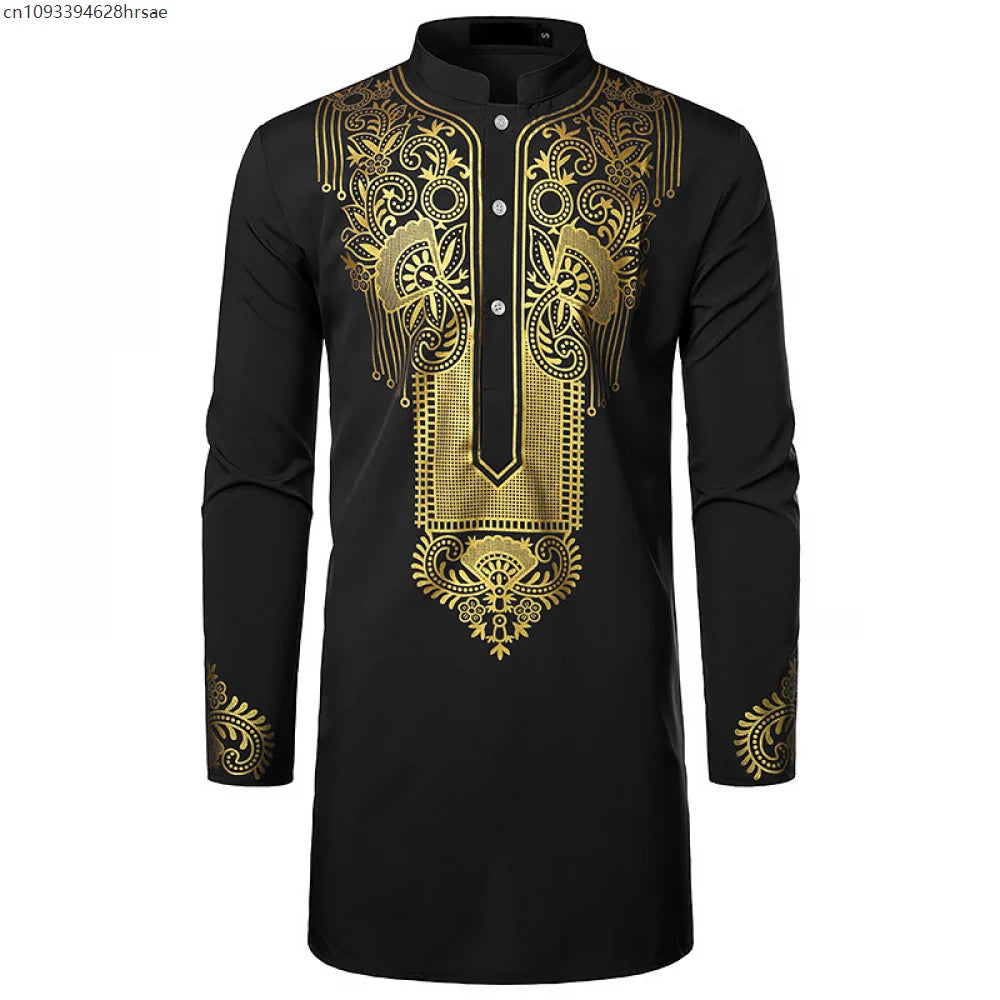 Chemise africaine traditionnelle pour hommes, imprimé fleurs dorées, chemise à manches longues, tenues ethniques décontractées, Streetwear africain de mariage