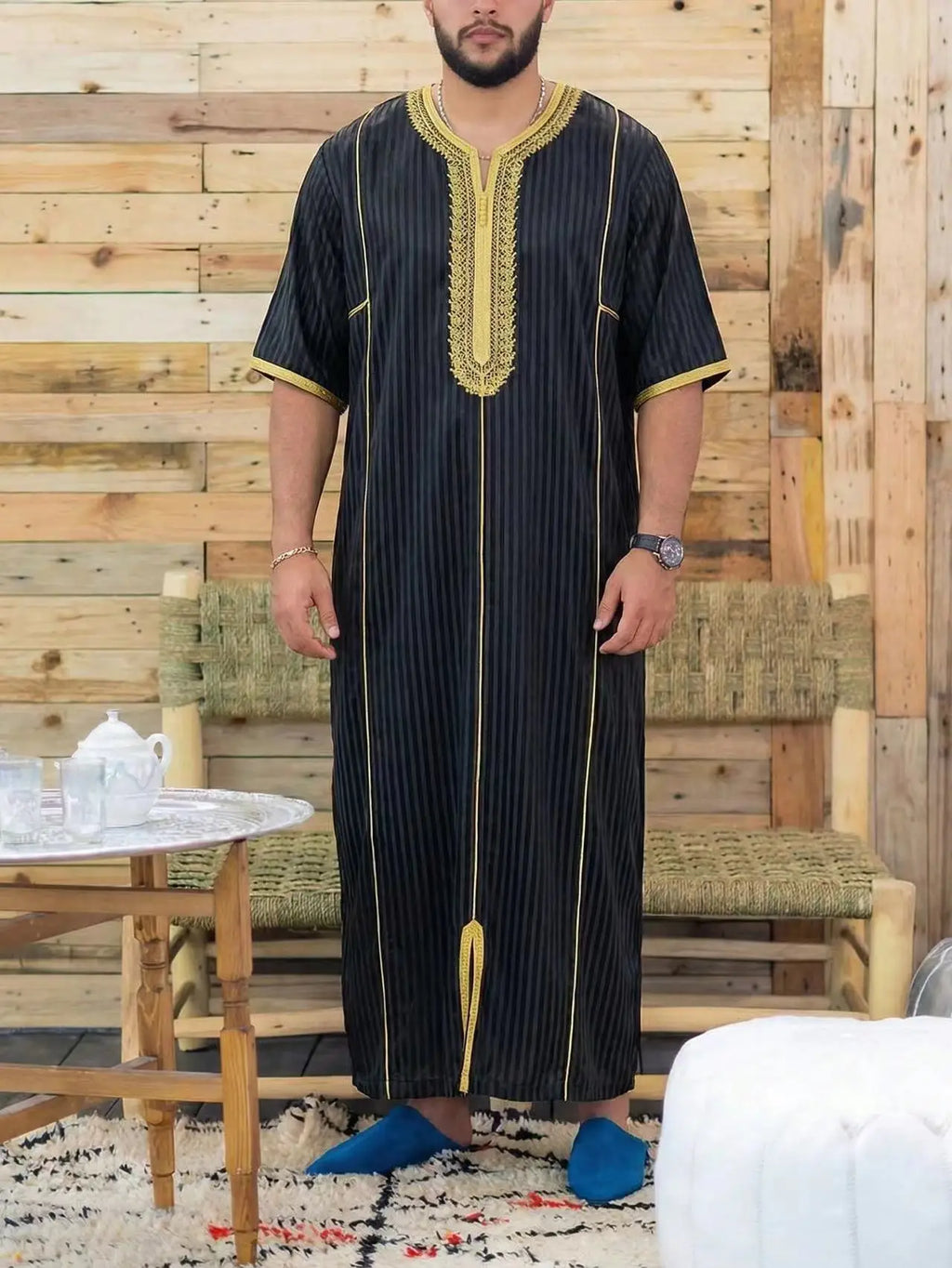 Gandoura marocaine pour hommes musulmans, thobe ample à manches courtes, broderie magnifique, vêtements traditionnels islamiques confortables pour hommes, pour les fêtes