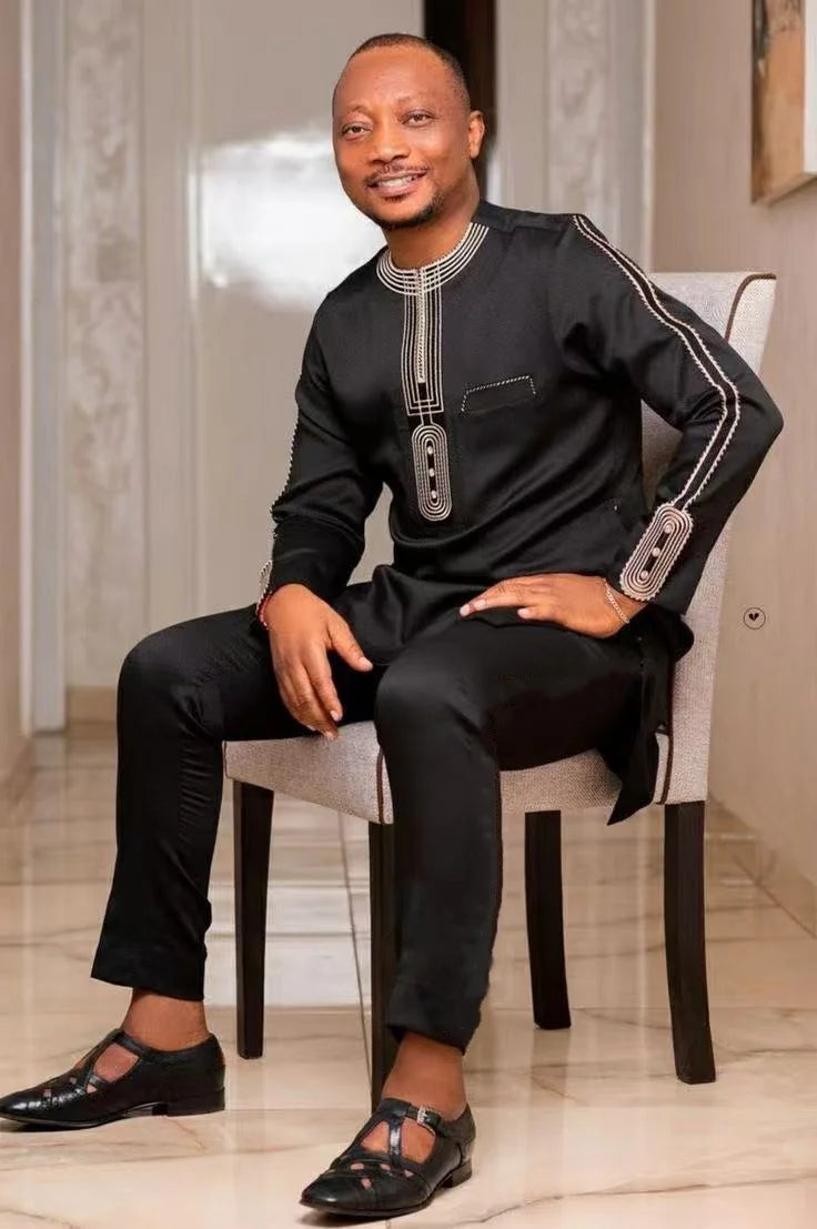 Costume traditionnel africain pour homme, chemise à manches longues de style ethnique imprimée et patchwork, pantalon décontracté, ensemble 2 pièces pour les vacances