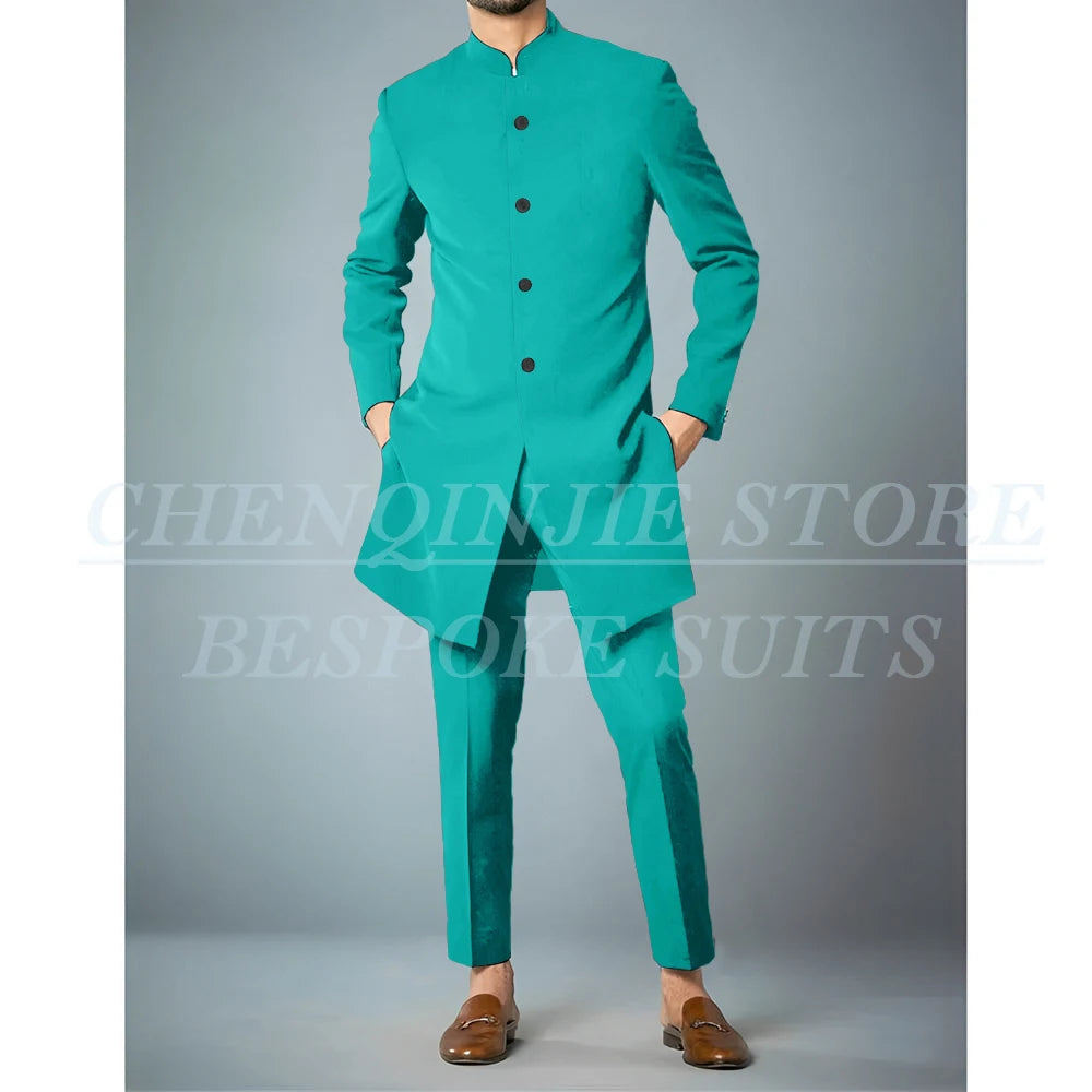 Costumes africains à simple boutonnage pour hommes, vêtements masculins de haute qualité, veste et pantalon, coupe couvertes, revers debout, bleu marine, tenues 2 pièces