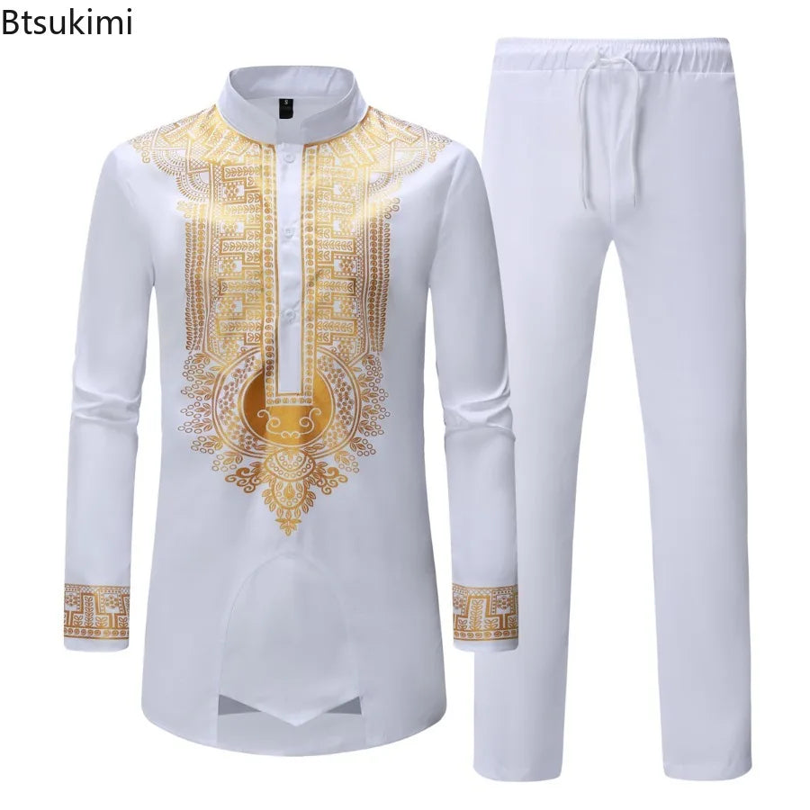 Vêtements traditionnels pour hommes, ensembles africains deux pièces, chemises à manches longues à col montant imprimées, pantalons, streetwear 2026, tenue ethnique africaine