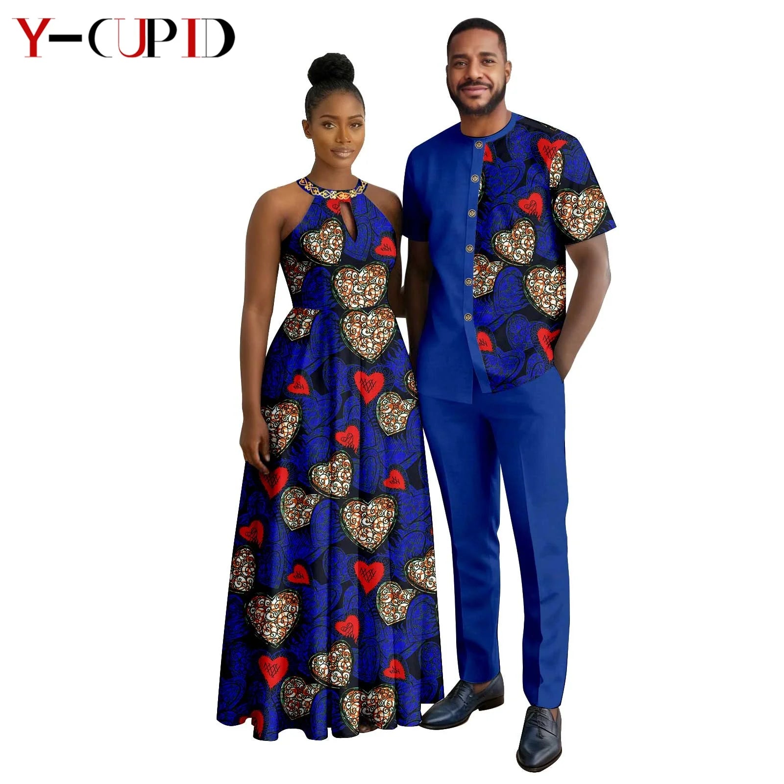 Robes africaines à imprimé Halter pour femmes, tenues assorties pour hommes, ensembles chemise et pantalon, vêtements de couple africains pour fête 26C005