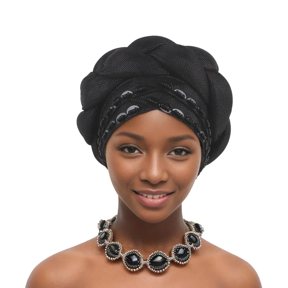 Auto Gele-Turban Africain pour Femme Musulmane, Cravate de Sauna, Chapeau Rond Plissé, Hijab Aso Oke NigWin, Foulard de Tête