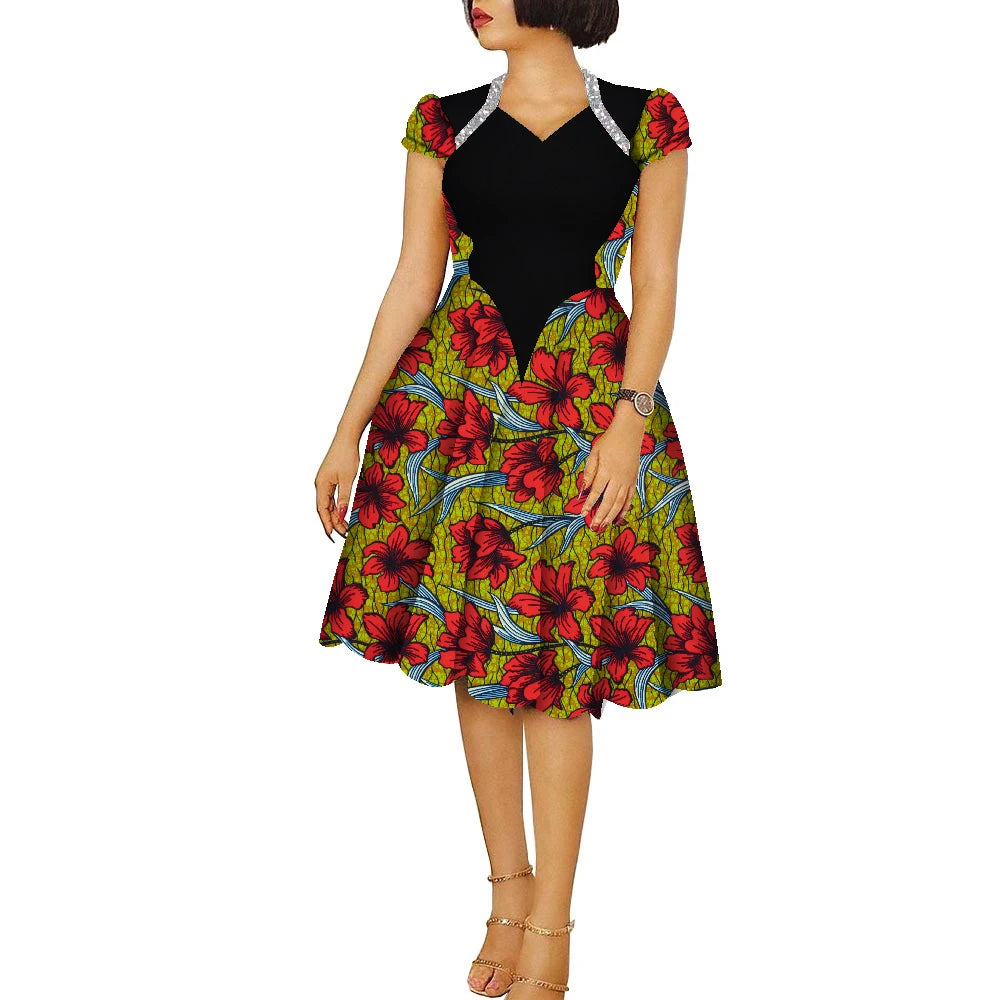 African Dresses for Women Ankara Fashion Patchwork Knee Length Pleated Lady Dresses Vintage Maxi Women V-neck Dress WY9273