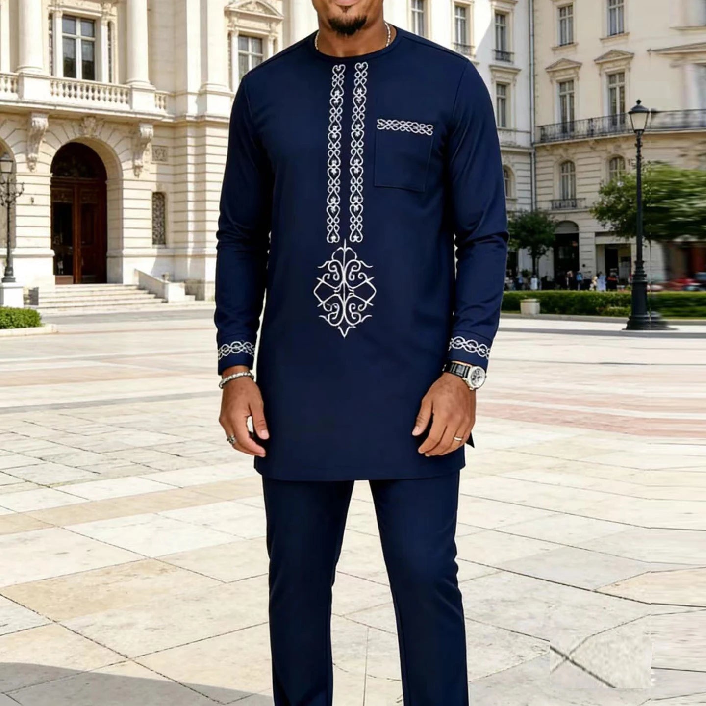 Ensemble Kaftan pour homme, costume Kaunda, haut à col rond à manches longues, pantalon, tenue traditionnelle africaine pour homme, ensemble de vêtements 2 pièces, ensembles de mariage, décontracté