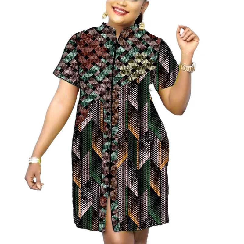 Original Design African Print Women’s Dress Stand Collar Frock Tailored Traditional Party Wear Retro Patchwork Designs