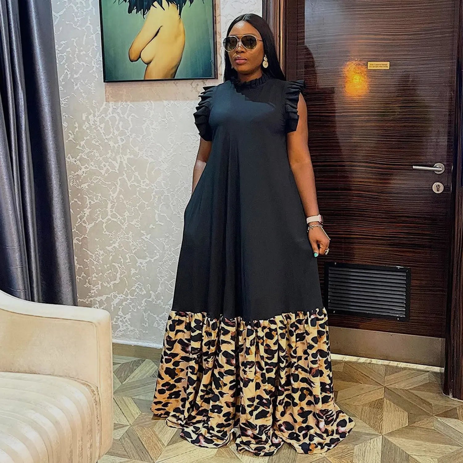 Long African Maxi Dress Women Leopard Print Patchwork Robes Africa Clothing Summer New Fashion Streetwear African Dress Vestidos