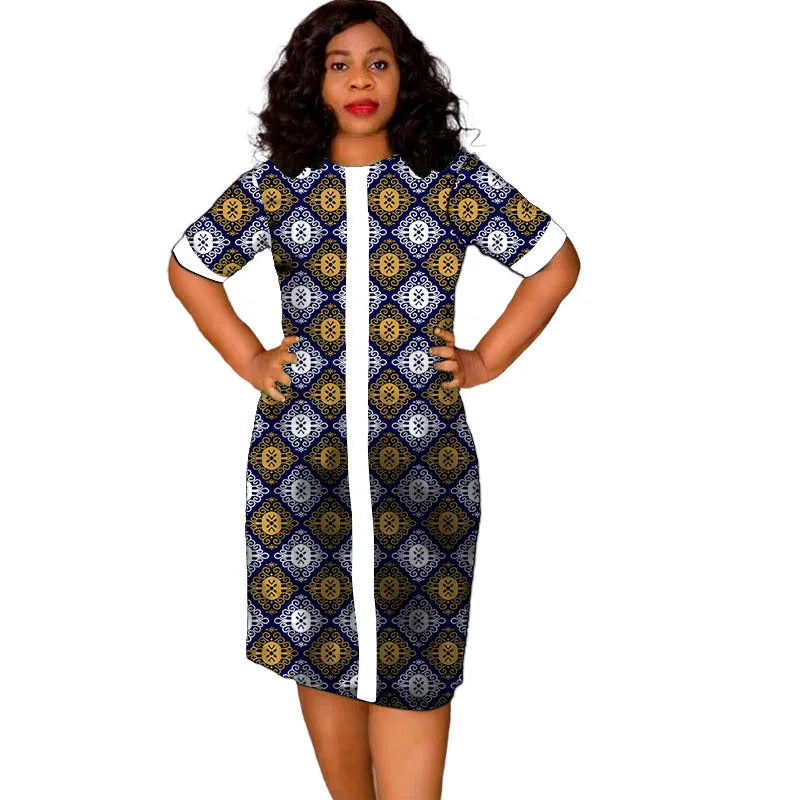 African Fashion O-Neck Dress White&Wax Patchwork Original Design Tailor Made Women's Outfit Colorful Print Female Party Wear