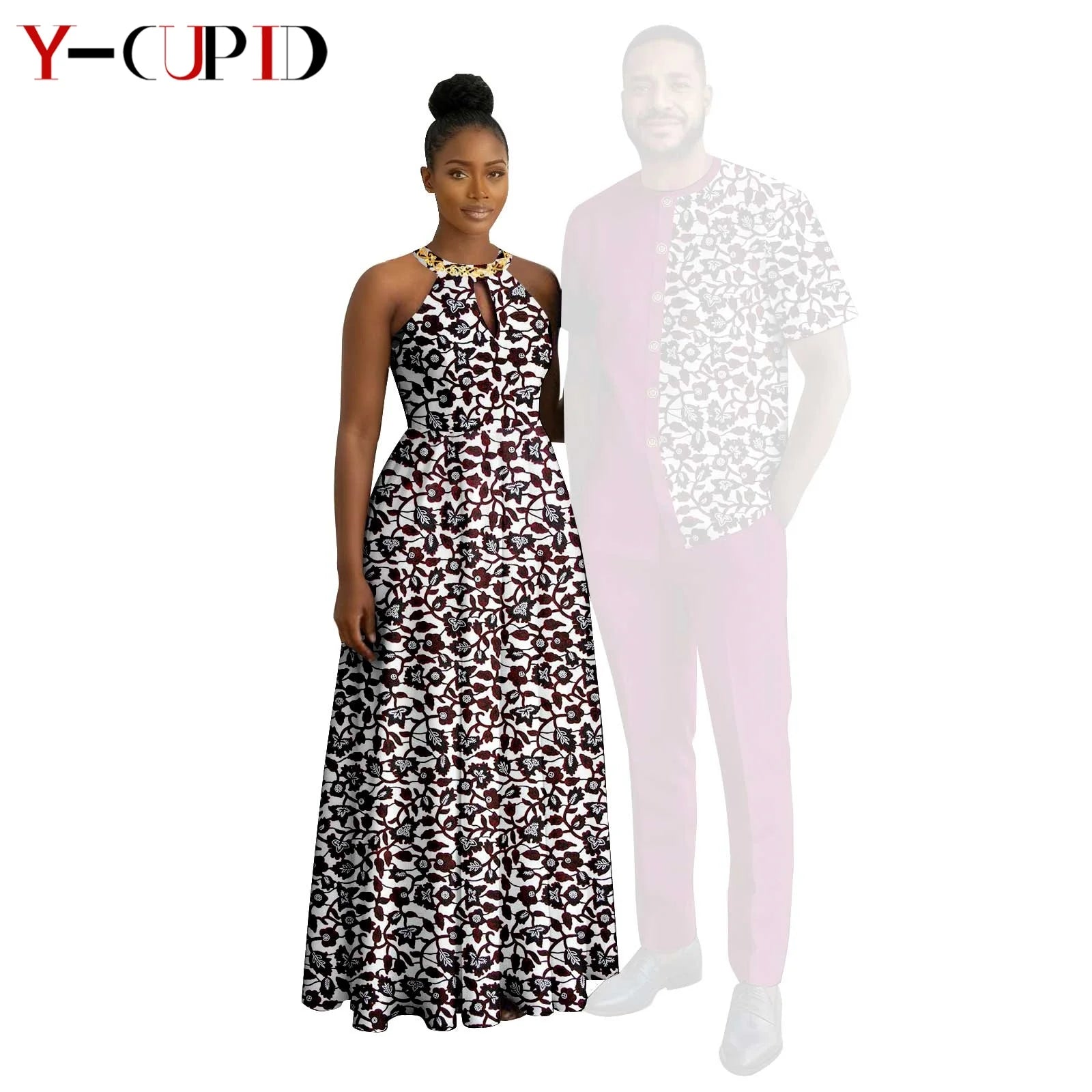 Robes africaines à imprimé Halter pour femmes, tenues assorties pour hommes, ensembles chemise et pantalon, vêtements de couple africains pour fête 26C005