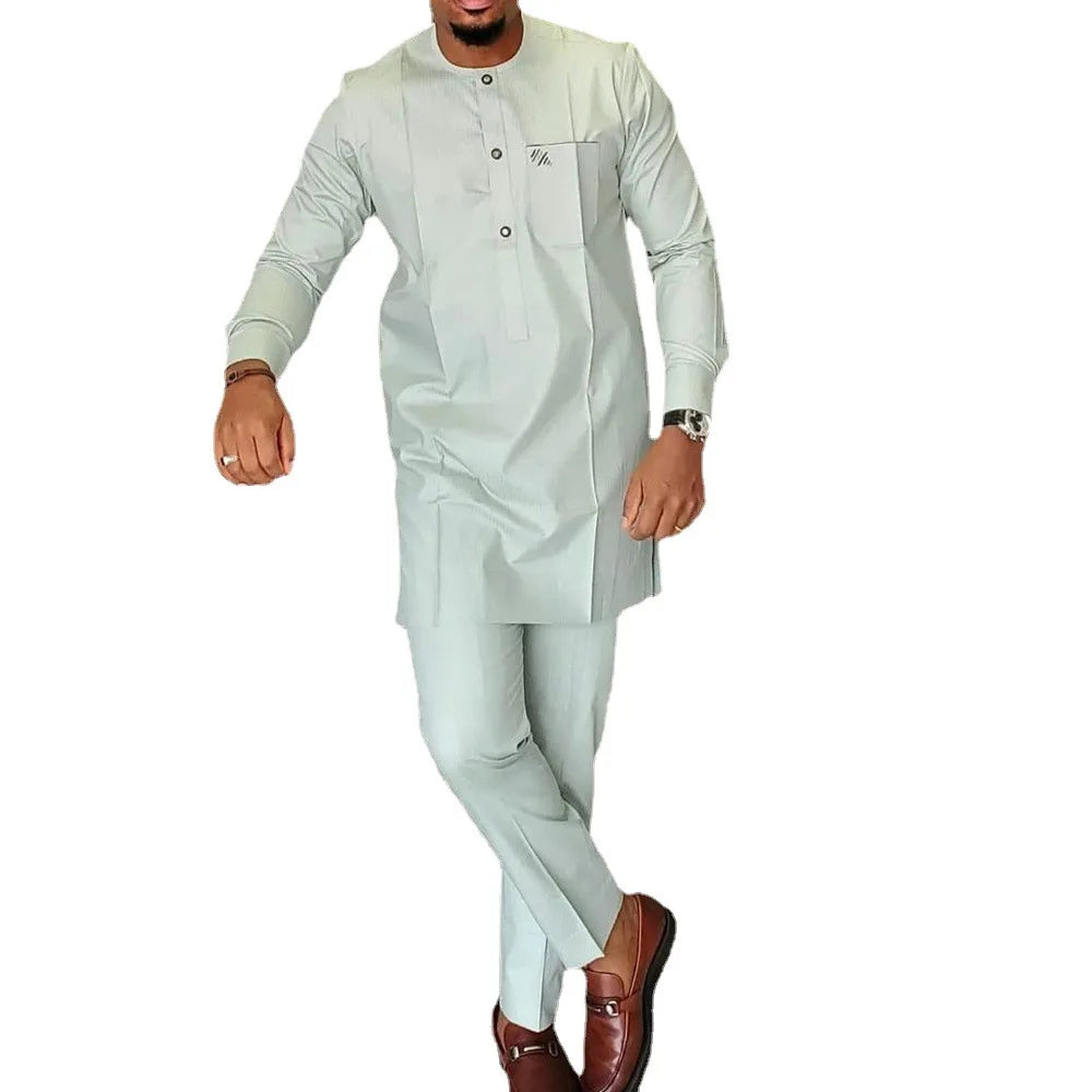 Chemise africaine pour hommes, tenues de fête, poches ethniques, épissage, Simple, manches longues, col rond, chemisier, pantalon, costume deux pièces