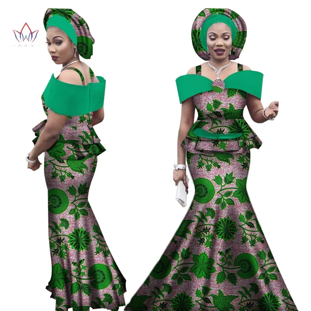 African Outfits with Headtie for Women Dashiki Bazin Print Strap Tops and Long Skirts Women Set African Clothing WY3113