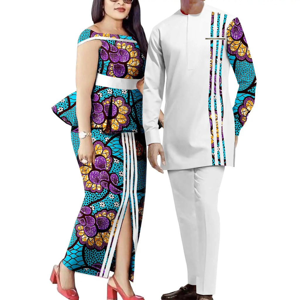Tenues de couple assorties pour hommes, ensembles chemises et pantalons, robes africaines Dashiki pour femmes, haut et jupes fendues pour mariage, Y23C006