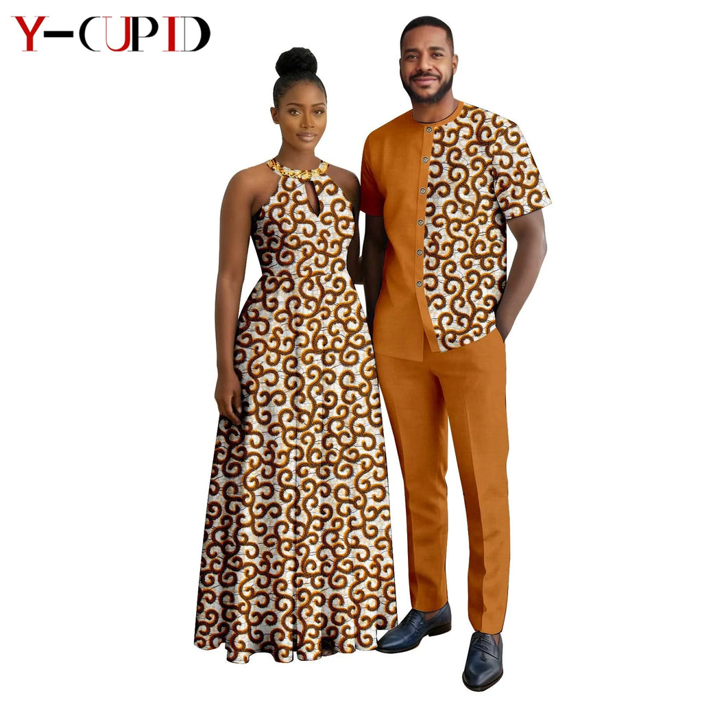 Robes africaines à imprimé Halter pour femmes, tenues assorties pour hommes, ensembles chemise et pantalon, vêtements de couple africains pour fête 26C005