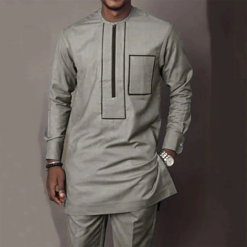 Costume de mariage traditionnel africain musulman pour homme, ensemble 2 pièces, haut à col rond à manches longues et pantalon, tenue formelle pour le marié118