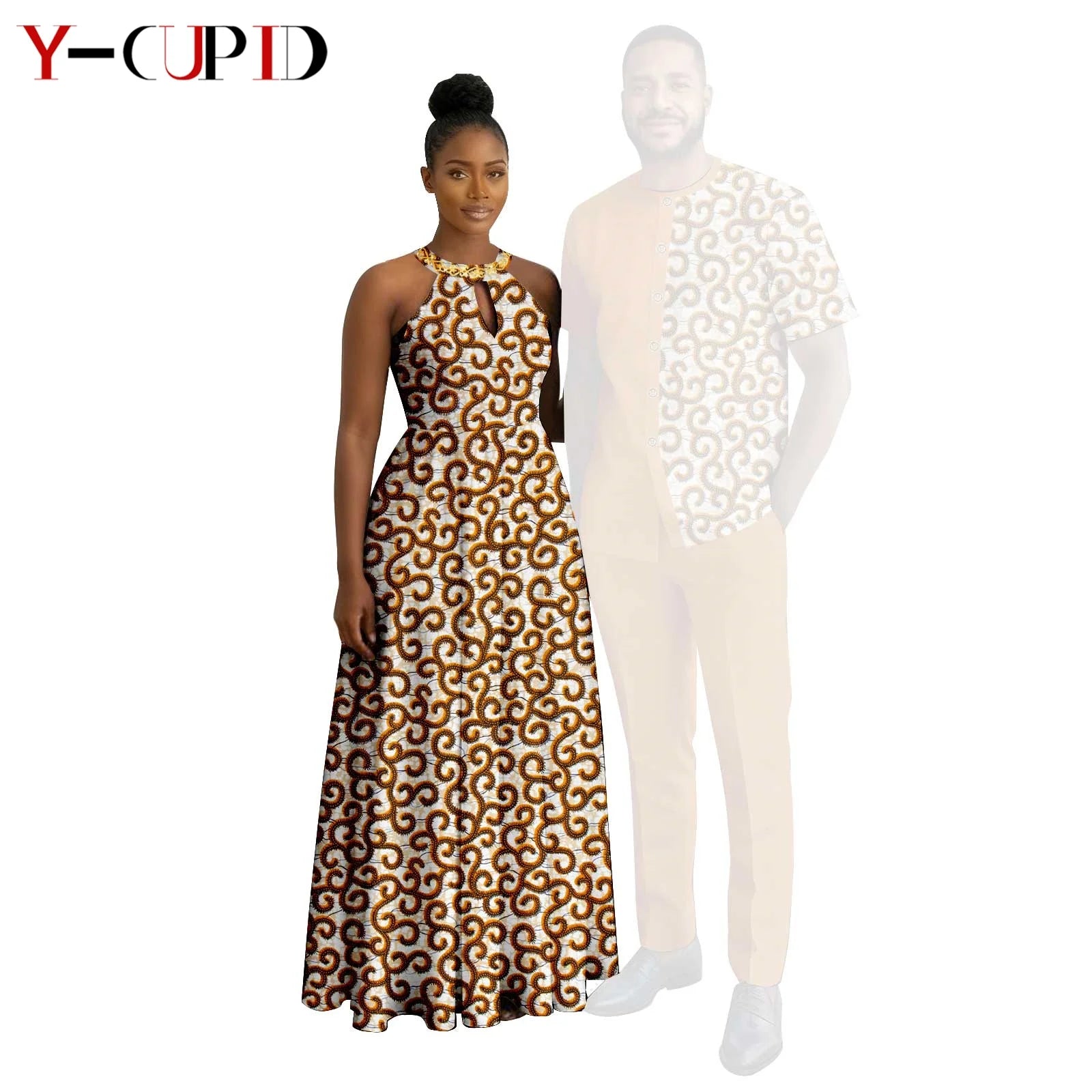 Robes africaines à imprimé Halter pour femmes, tenues assorties pour hommes, ensembles chemise et pantalon, vêtements de couple africains pour fête 26C005