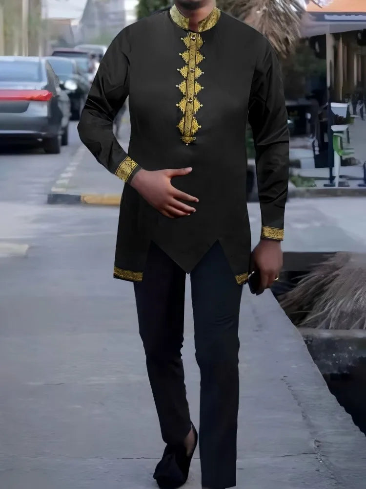 Chemise africaine à manches longues pour hommes, chemise à col chinois imprimé en métal doré, ensemble deux pièces pour Festival National traditionnel de mariage