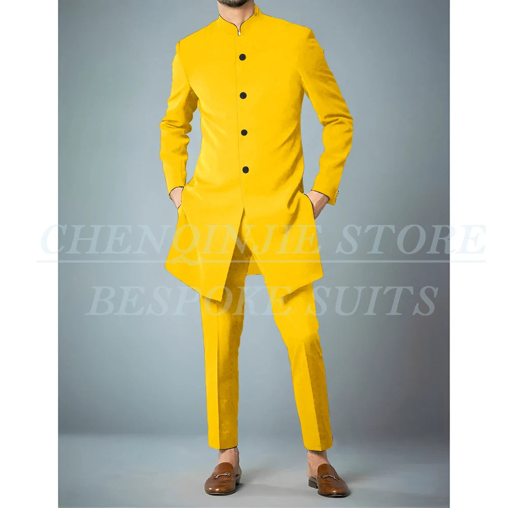 Costumes africains à simple boutonnage pour hommes, vêtements masculins de haute qualité, veste et pantalon, coupe couvertes, revers debout, bleu marine, tenues 2 pièces