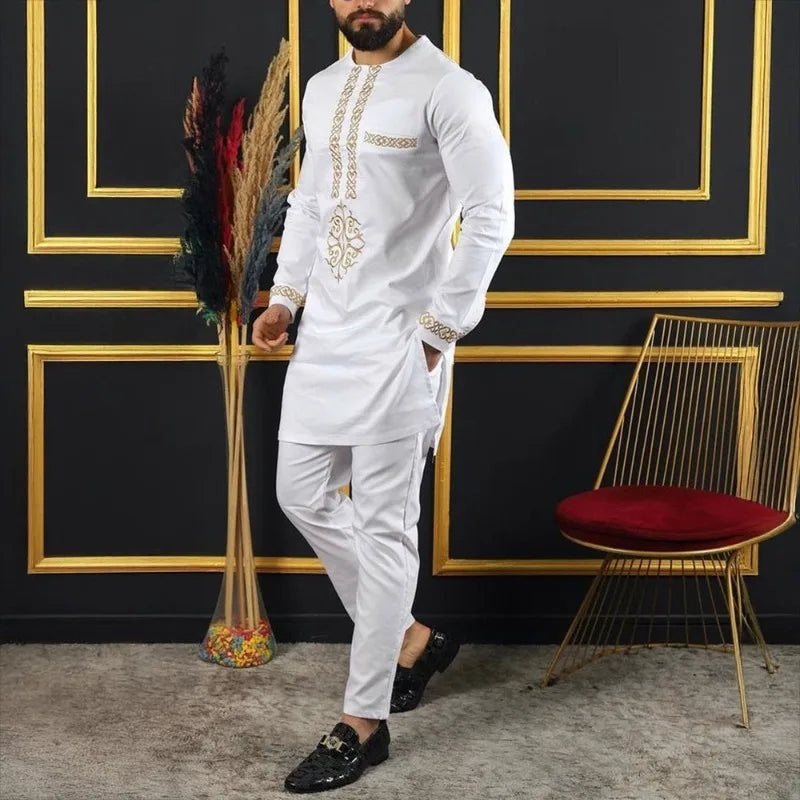 Costume de mariage traditionnel africain musulman pour homme, ensemble 2 pièces, haut à col rond à manches longues et pantalon, tenue formelle pour le marié118