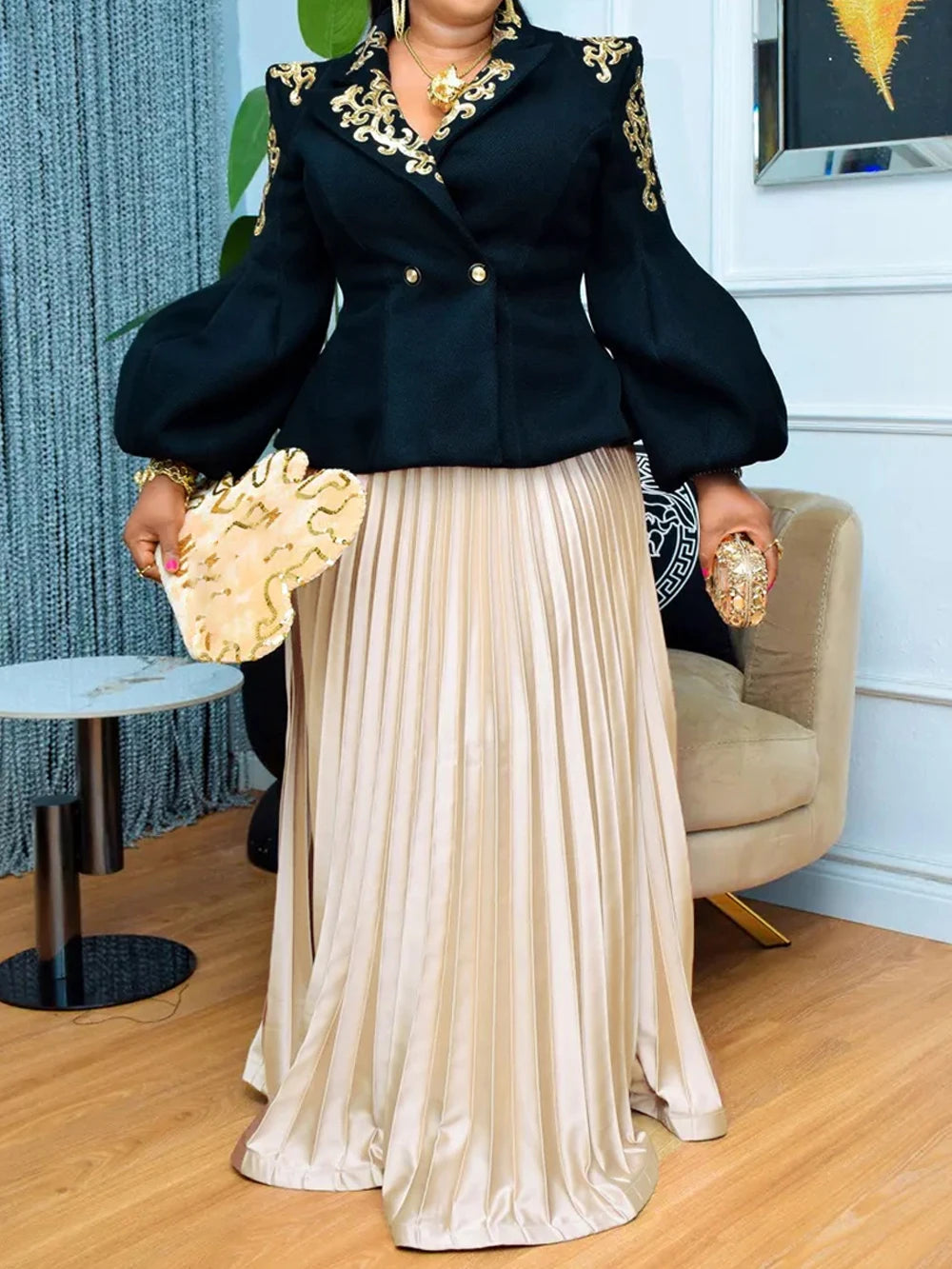 African Clothes For Women 2 Piece Matching Long Sleeve Tops And Pleated Skirt Suit Party Evening Dress Wedding Guest Attire Robe