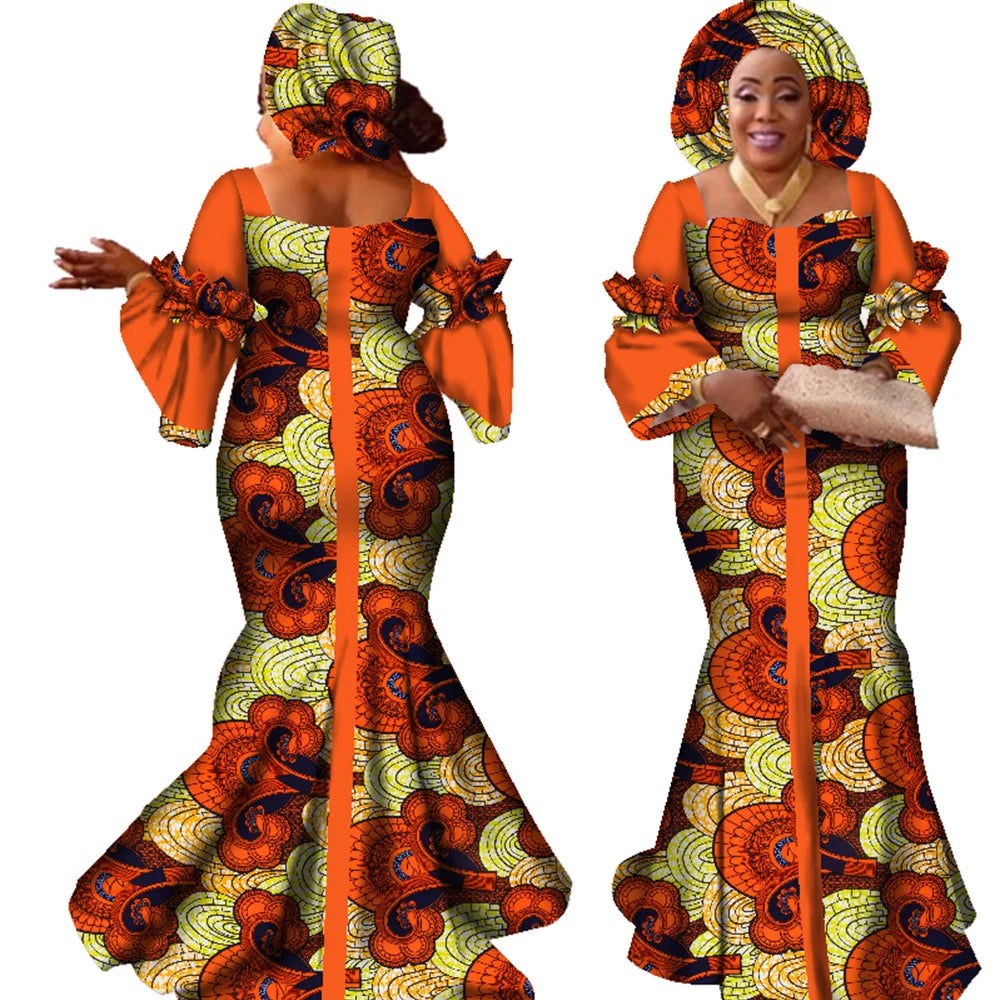 African Dresses for Women Fashion Design New African Bazin Fashion Design Dress Long Dress with Scarf African Clothes WY2347