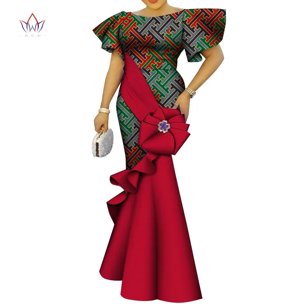 African Women's Dress Elegant Ladies Evening Gowns Ankara Long Robes Flower Dresses Vestidos Church Dresses for Women WY9498