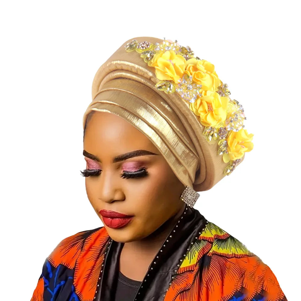 Casquette Turban pour femmes africaines, fleur de diamant, Nigeria, Auto Gele, couvre-chef déjà fabriqué, Geles de mariage, couvre-chef féminin, chapeau de fête