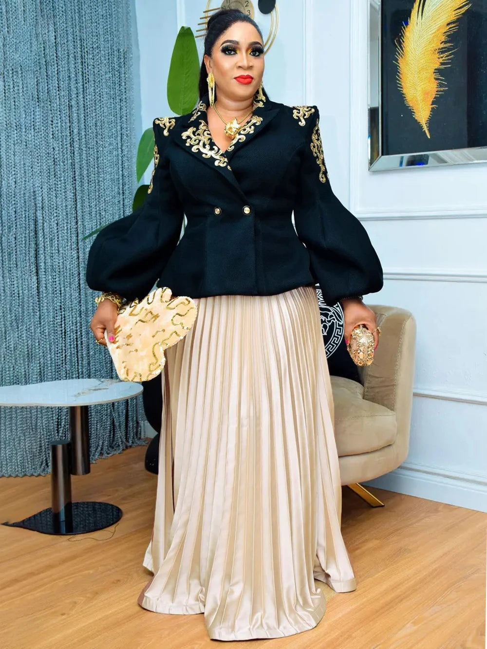 African Clothes For Women 2 Piece Matching Long Sleeve Tops And Pleated Skirt Suit Party Evening Dress Wedding Guest Attire Robe